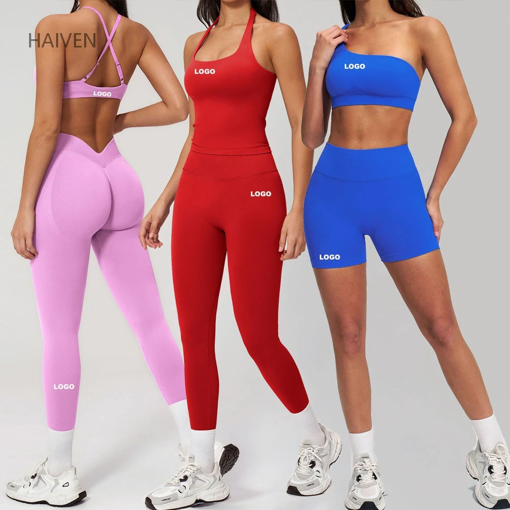 Custom Logo Wholesale 5 Pieces Yoga Sets Breathable Seamless Activewear Lifting Leggings Suit Fitness Sport Gym Wear for Women