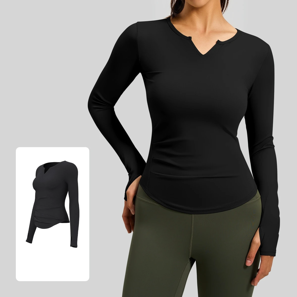 Ruched Waist Tummy Control Yoga Long Sleeve Top Buttery Soft Moisture-Wicking Gym Activewear
