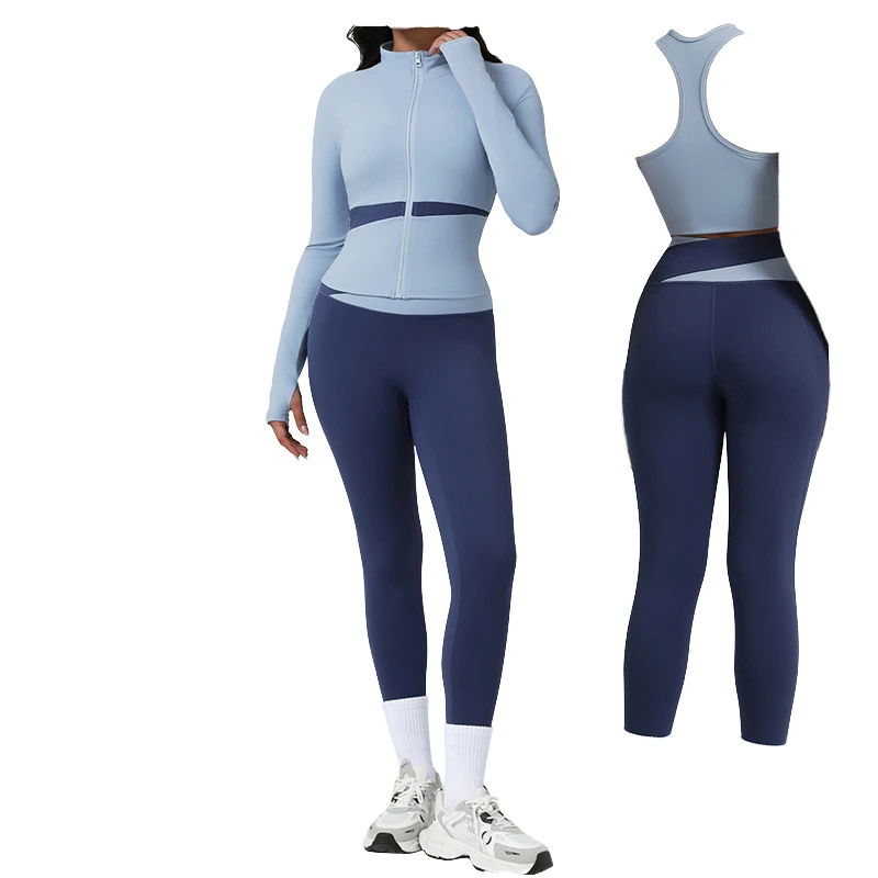 LD0009 Breathable Eco-Friendly Color-blocked Yoga Outfit Set for Women Long-sleeved Sports Bra Top Hip-lifting Leggings Running
