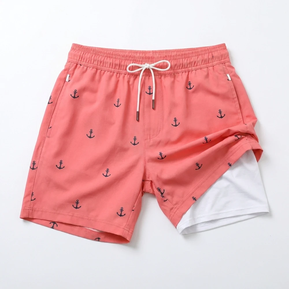 Premium 2-in-1 Men's Casual Board Shorts Compression Liner Quick Dry 100% Cotton Anchor Print Swim Trunks Custom Logo 2026