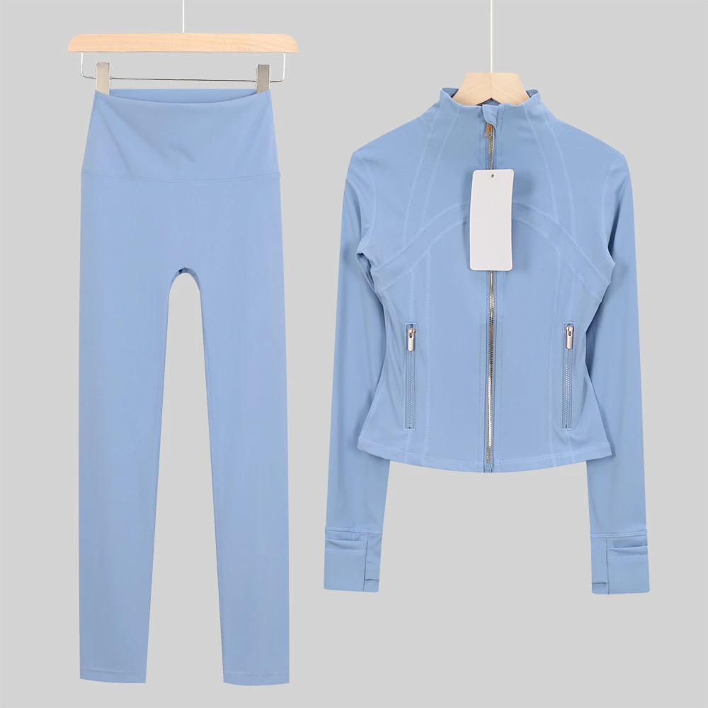 Lu Same Women's Solid Vertical Long Sleeve Zipper Jacket & Nine-point Pants Sets Breathable for Yoga Suit
