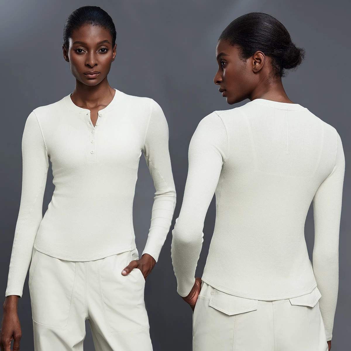 XW-D25146 Sportswear Long Sleeve Ribbed Sports Top Front Button Breathable Outdoors Workout Slim Gym Women Clothing Yoga Tops