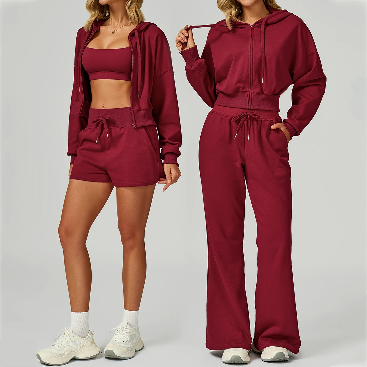 Autumn Warm Loose Hooded Zipper Jacket Drawstring Open Leg Shorts Pants Fitness Sports Women Yoga Two Pieces Set