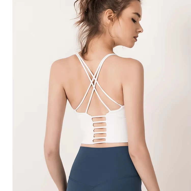 Women Yoga Top with Shockproof Fitness Bra Solid Color Sports Vest with Cross Shoulder Straps Yoga Clothes