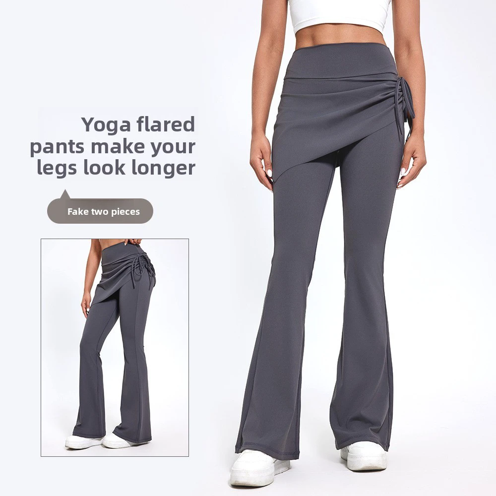 Two-Piece Solid Wrinkle-Resistant Tummy Control Women's High-Waist Flared Leg Full Length Hip-Lifting Spandex/Nylon Yoga Pants