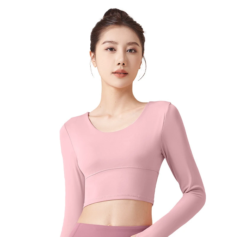 Women's Criss Cross Back Long Sleeve Moisture Wicking Four Way Stretch Yoga Top Built-in Pads Crop Workout Top for Yoga Gym