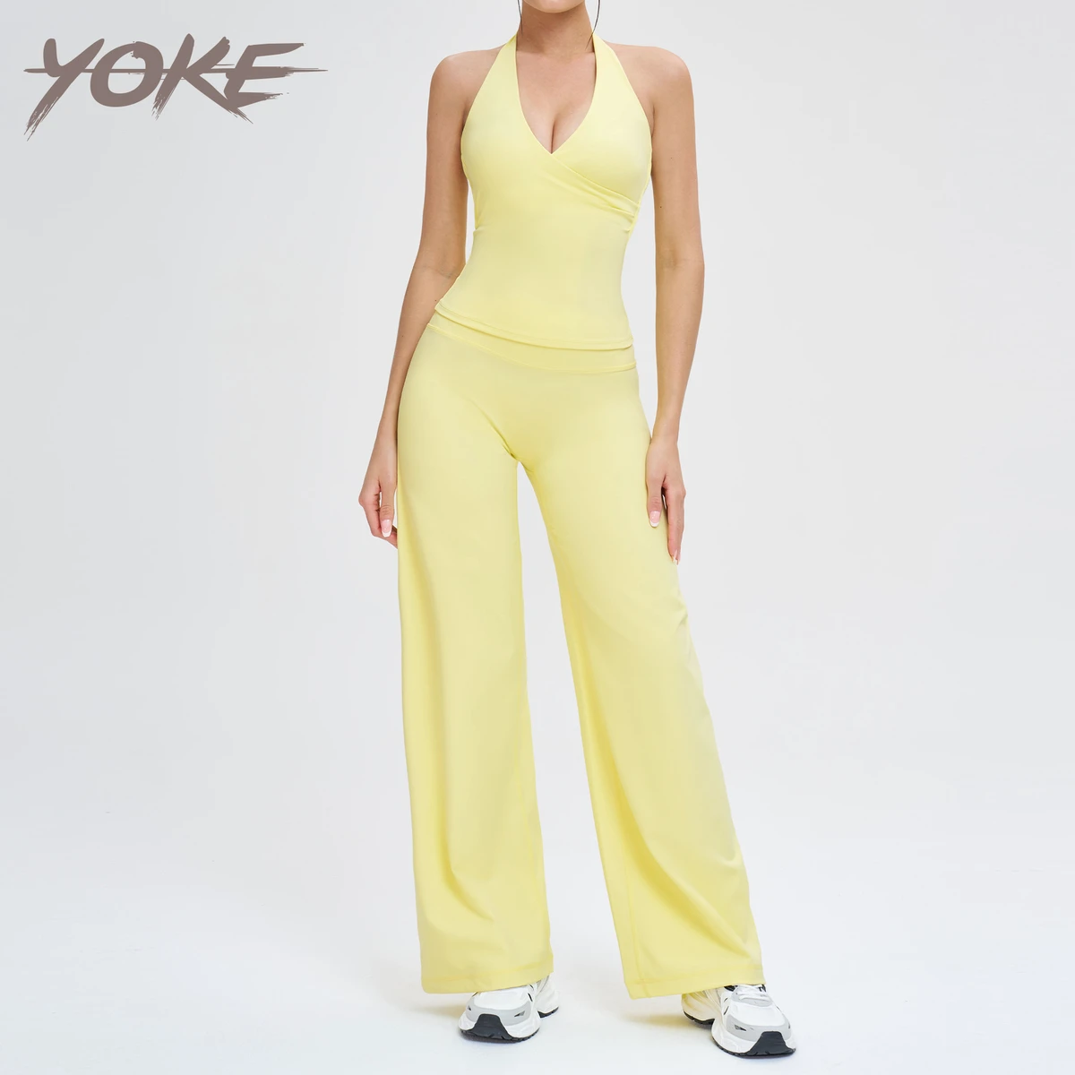 JC Women's V-neck Necktie Design Brushed Fabric Wide-leg Pants Yoga Set With Open-back Yoga Wear For Outdoor Running