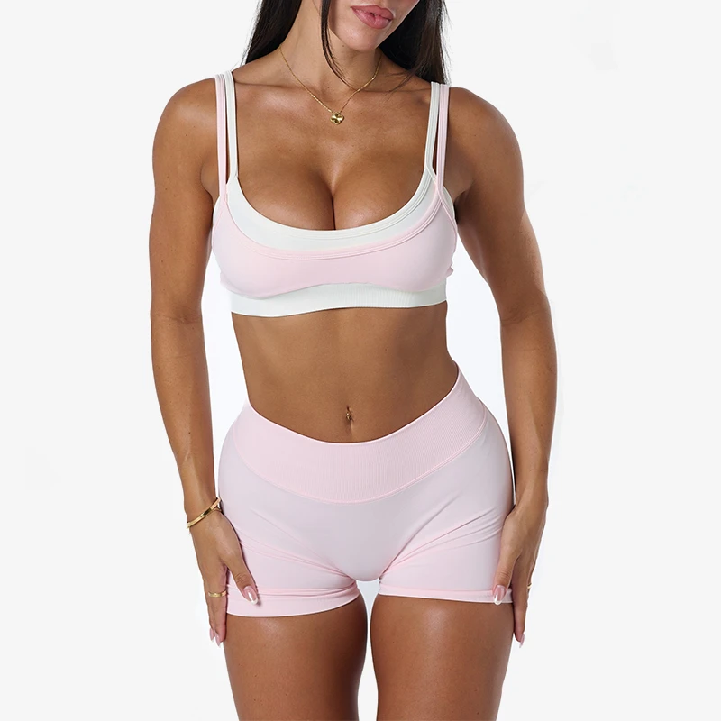Best Selling Womens Contrast Double Layer Sports Bra With Adjustable Strap Breathable Yoga Fitness Short Custom Set