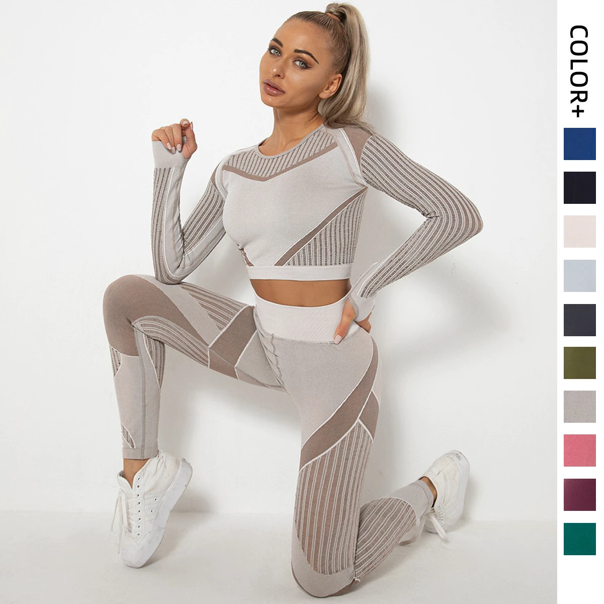 Xsunwing New Ropa Deportiva Mujer Women Sports Gym Wear Workout Tights Crop Top 2 Pieces Long Sleeve Fitness Yoga Set WYSK6301