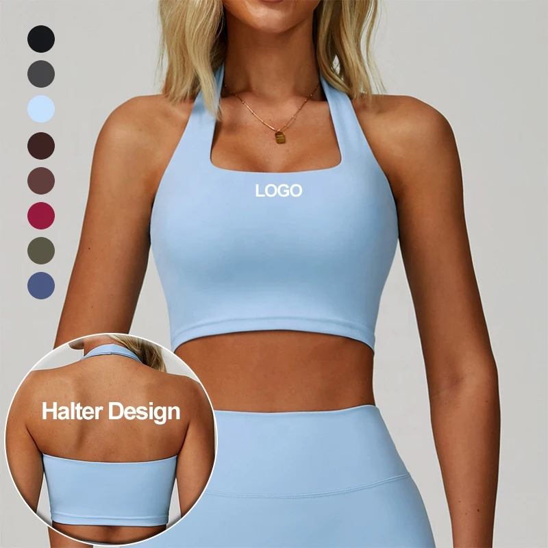 Women's Medium Support Halter Yoga Sports Bra Buttery Soft Backless Running Active Crop Top Workout Padded Sports Tank Tops
