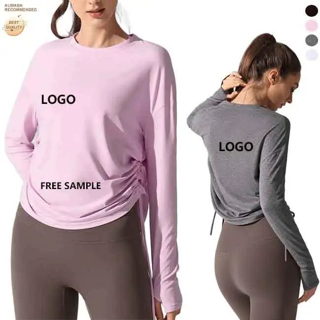 Women Custom Fitness Wear Loose Fit Adjustable Drawstring Yoga Top High Stretch Quick Dry Fabric Factory Gym Pilates Long Sleeve
