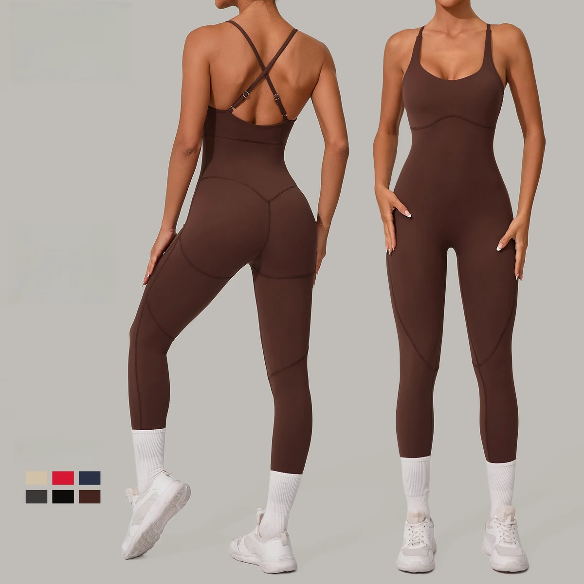 Women Adjustable Strap Criss Cross Back Yoga Jumpsuit Spliced Design One Piece Tight Fitness Sportswear for Workout