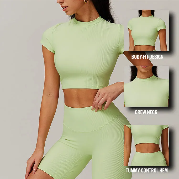 Custom Ribbed Fabric Solid Color Women Short Sleeve Yoga Top Outdoor Training Workout Running Gym Sports Shirt Yoga Top