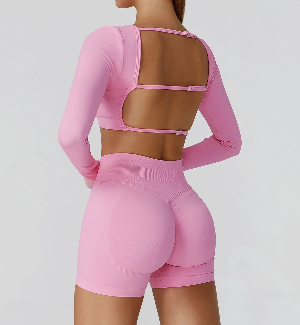 Women Sexy Backless Pilates Yoga Suit Long Sleeves Square Neck Shockproof Padded Crop Top & Scrunch Butt Shorts Gym Fitness Set