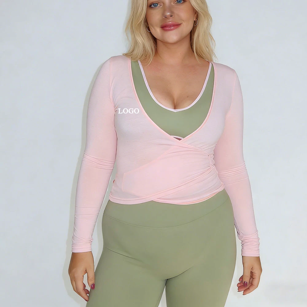 Custom Active Wear Bamboo Plus Size Pink Wrap Plus Size Women Lovely Breathable Long Sleeve Fitness Yoga Crop Top for Women