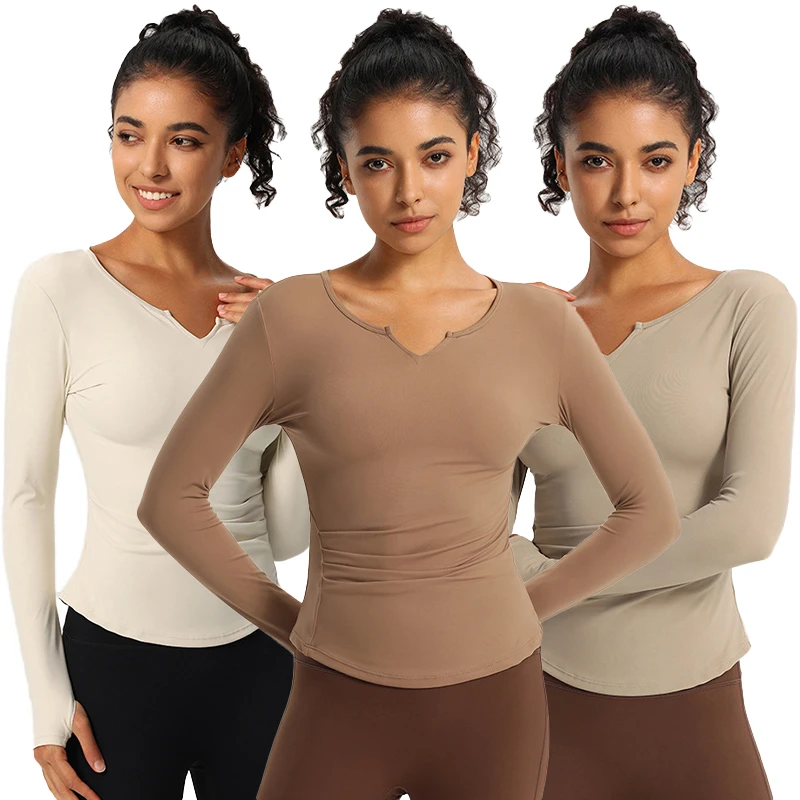 Bulk New Sports V-neck Long Sleeve OEM Spandex Nylon Compression Yoga Top Women's Breathable Outdoor Running Yoga Shirt