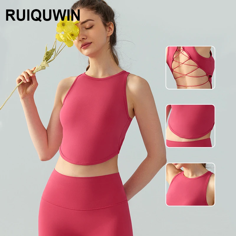 RUIQUWIN Hot Sale Summer Women's Sexy Cross Backless Yoga Bra Breathable Quick Dry Sports Vest Seamless Fitness Top Activewear