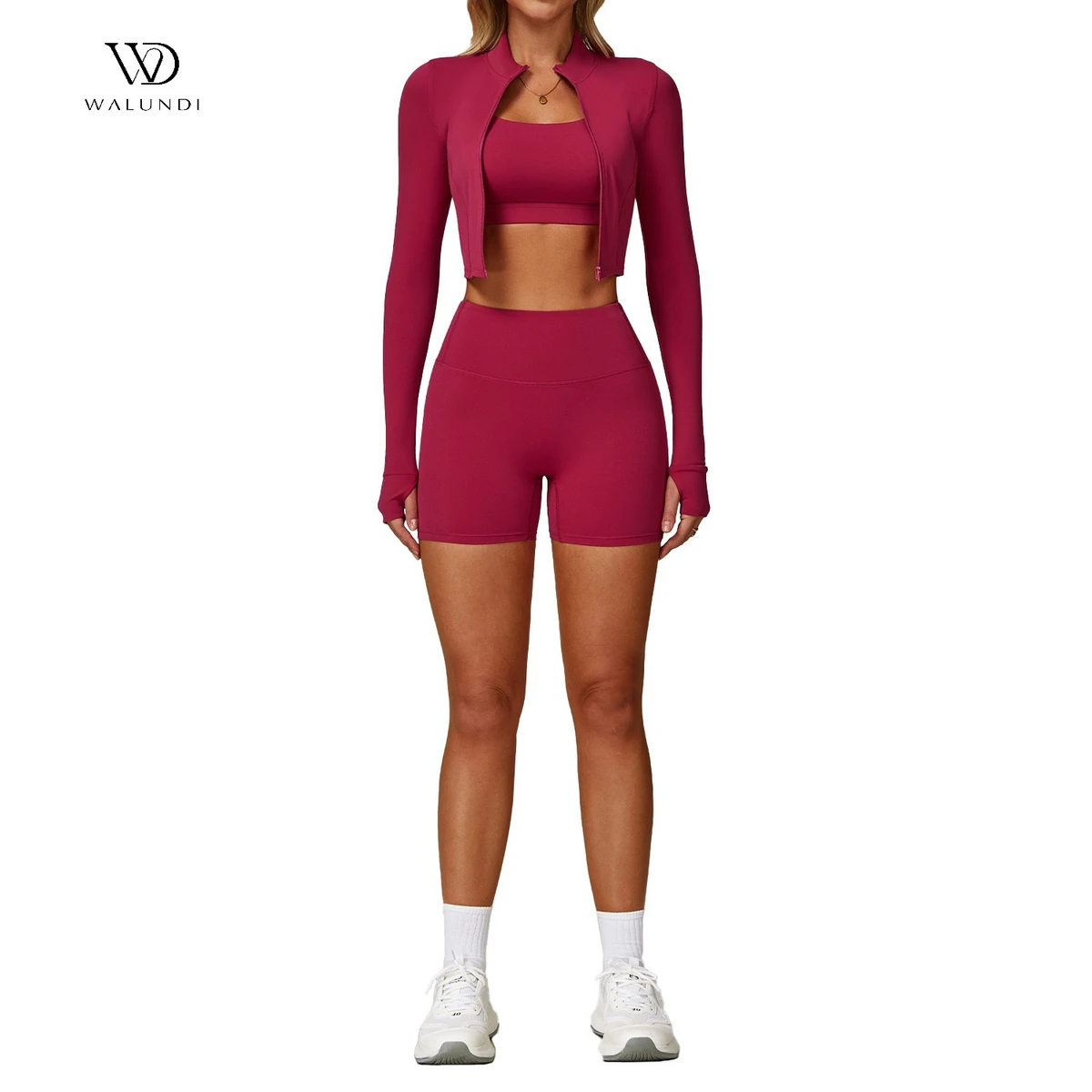 Yoga Set Fashion Cloud Feeling Solid Color Short Yoga Pilates Three-piece Set Stretch Zipper Cardigan Running Fitness Sports Set
