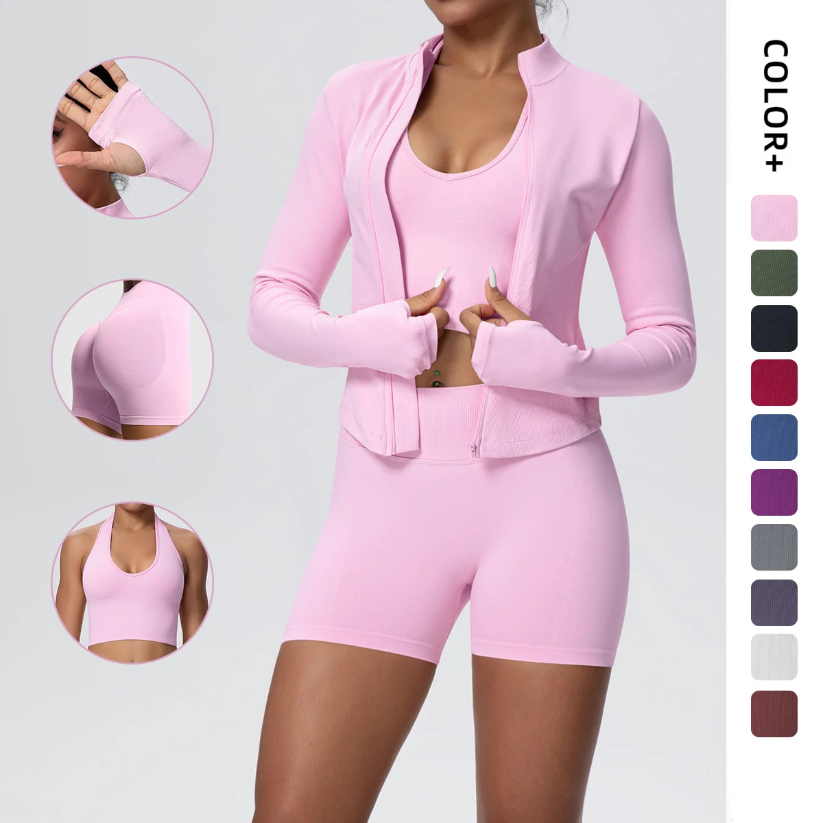 Seamless Lightweight V-neck Sportswear Set High Elastic Breathable Full Sleeve Jacket Elastic Waist 4-way Stretch Solid Front
