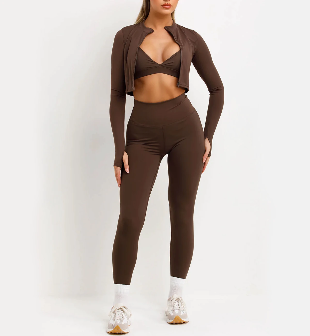 High Quality Women's Solid 3-Piece Gym Set Sports Bra Zip-Up Jacket Leggings Featuring Four-Way Stretch Quick Dry for Workout