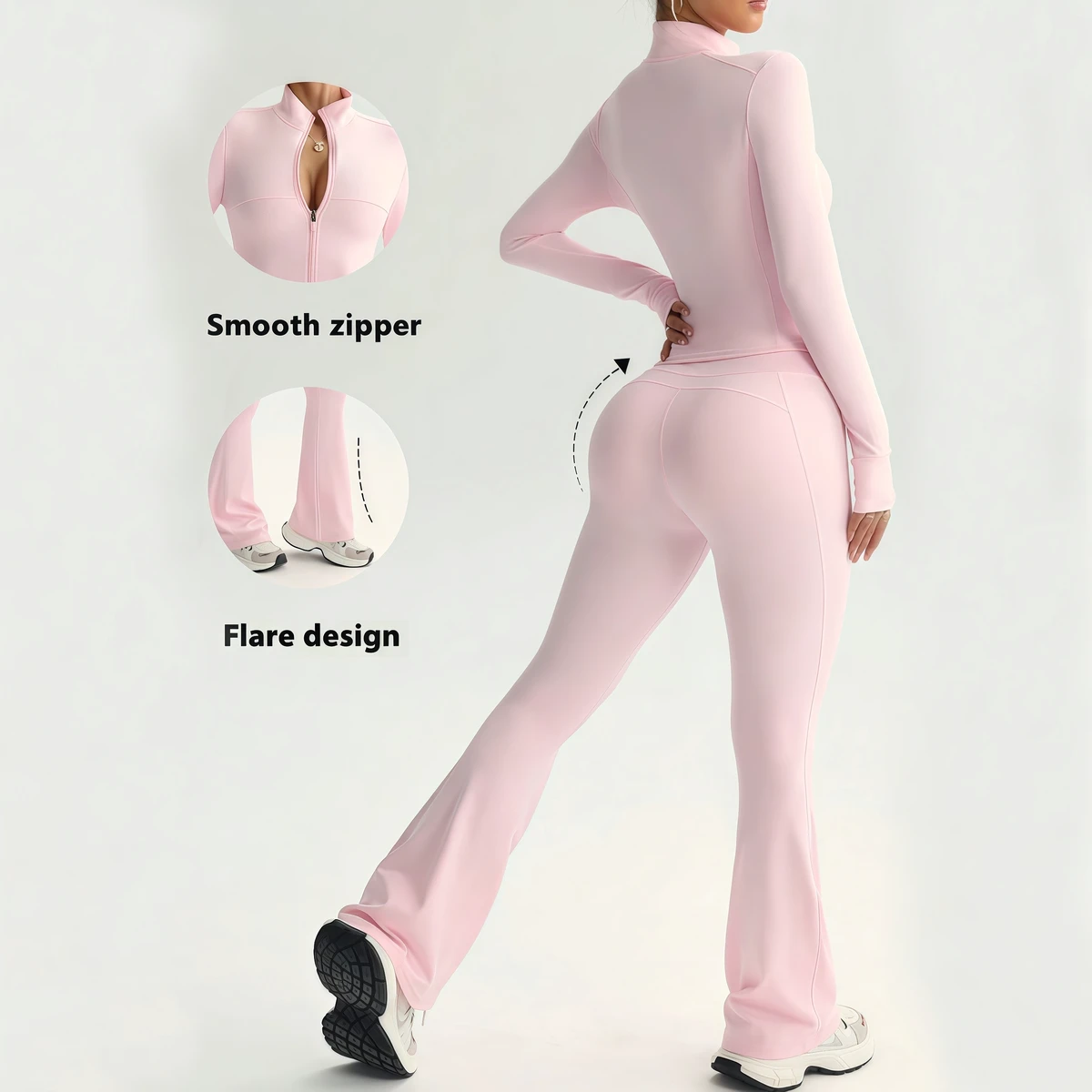 Women Yoga Activewear Set High Neck Smooth Zipper Long Sleeve Top High Waist Lift Hips Flare Pants Yoga Gym Wear Outfit