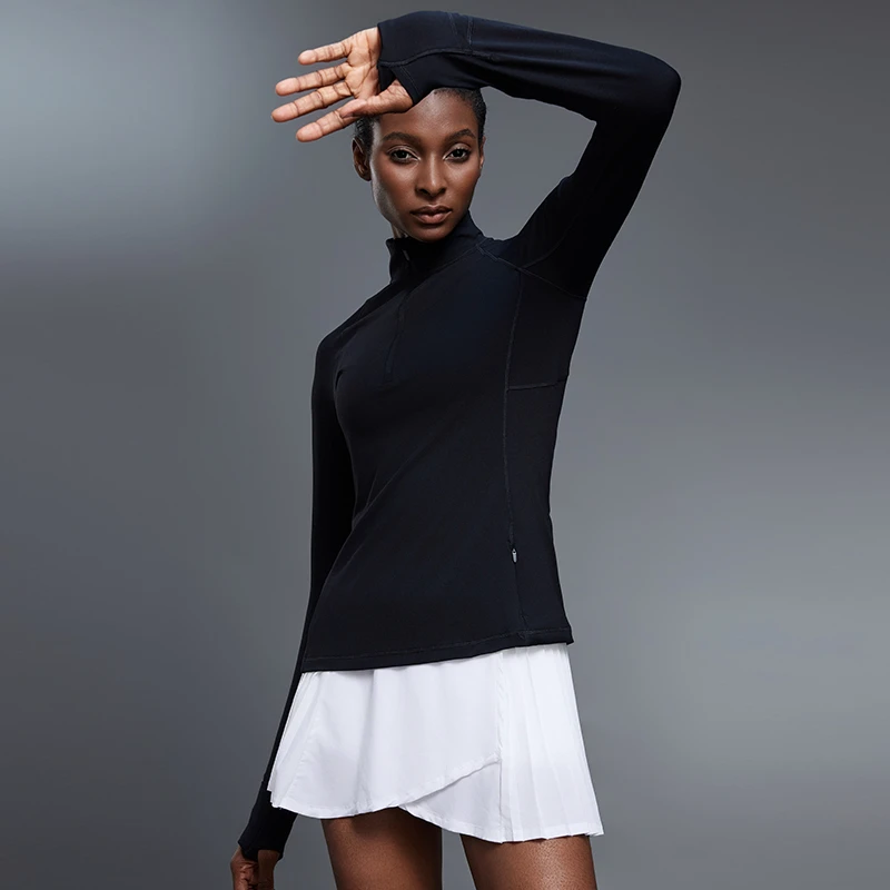 Womens Long Sleeve Nylon Spandex Yoga Top Four Way Stretch Sweat Wicking Breathable Quick Dry Indoor Outdoor Fitted Half Zip Tee