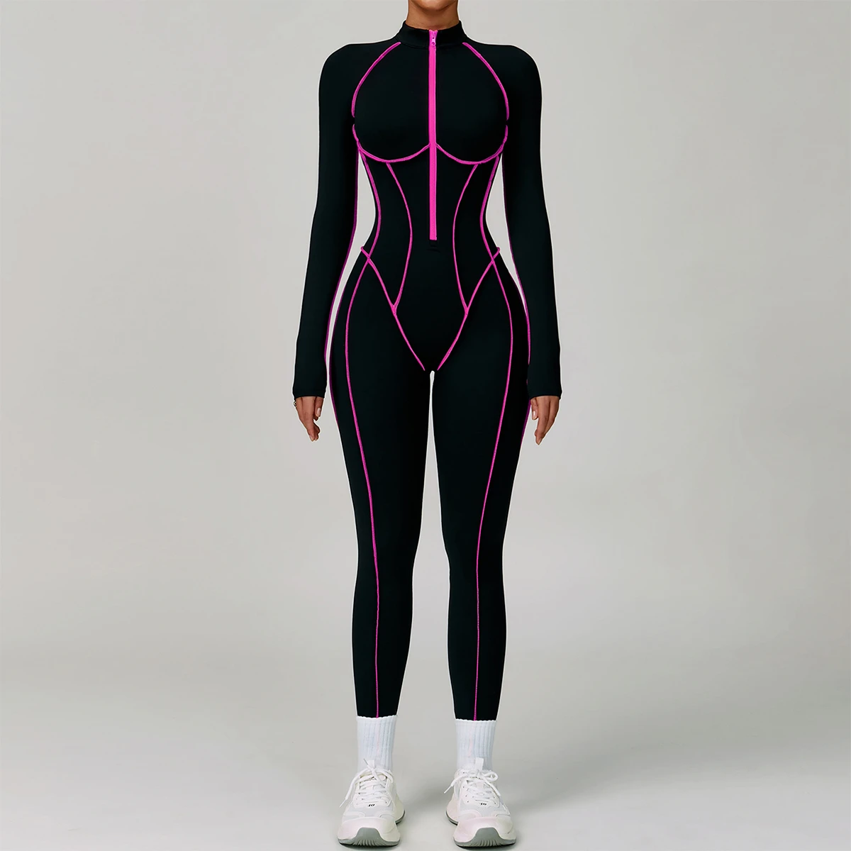 XW-ELT9317 Long Sleeve Workout Top Zipper Backless Sportswear Color Line Yoga One Piece Bodysuit Gym Fitness Yoga Jumpsuits