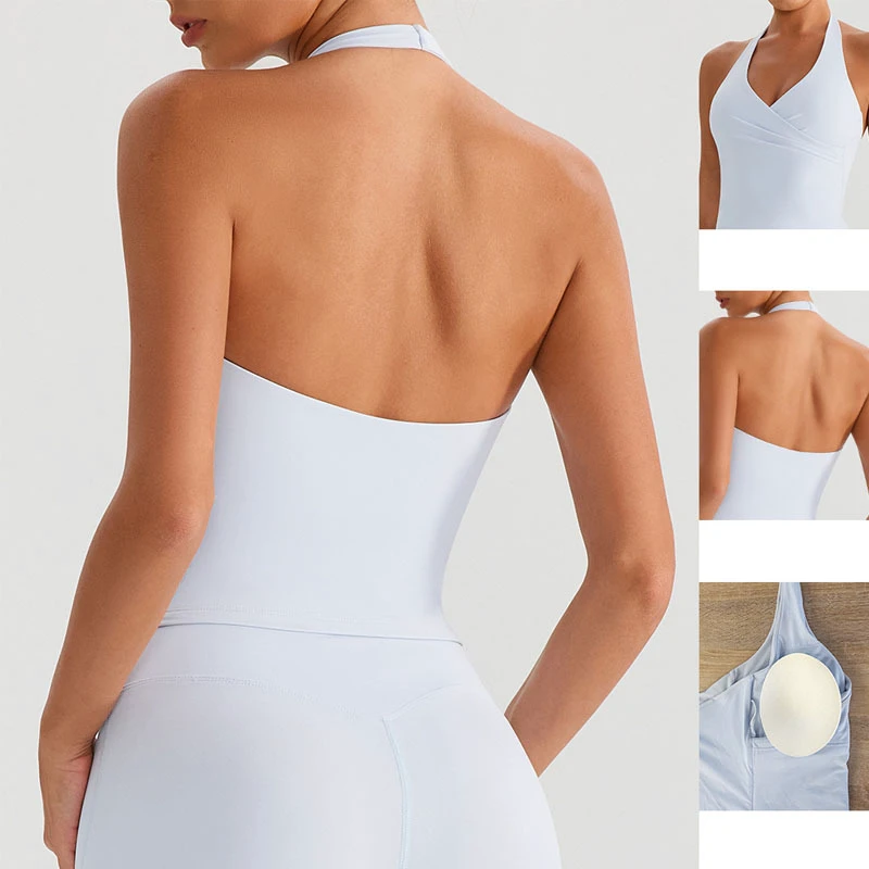 Women's Hollow Back V--Neck Nylon Seamless Quick Dry Shockproof Halter Yoga Tank Top Breathable Fitness Underwear with Logo