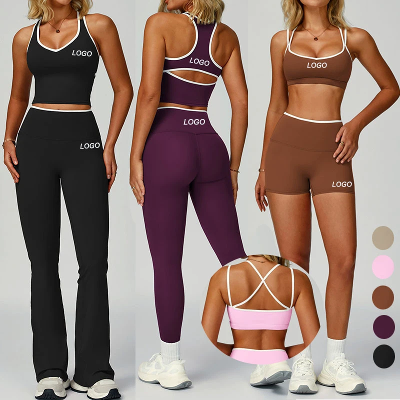 Private Brand Custom Yoga Set Sportswear Manufacturer Color Blocking Cross Back High Elastic Gym Sports Outfits for Women