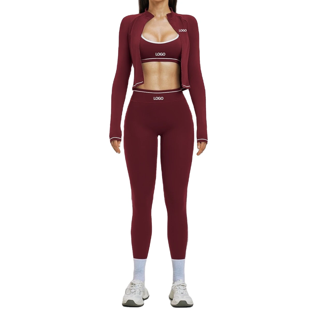 Cross-Border Color-Blocked Yoga Set Women 3-Piece Slim Fit Zipper Jacket Fitness Outfit Running Sportswear Outdoor Sports Suit