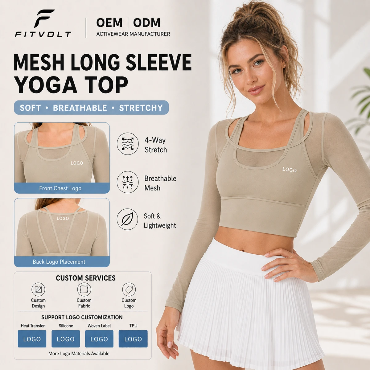 FITVOLT Wholesale Women's New Design Long Sleeve Yoga Tops Breathable Mesh Fitness Quick Dry Crop Sweatshirts Seamless Front