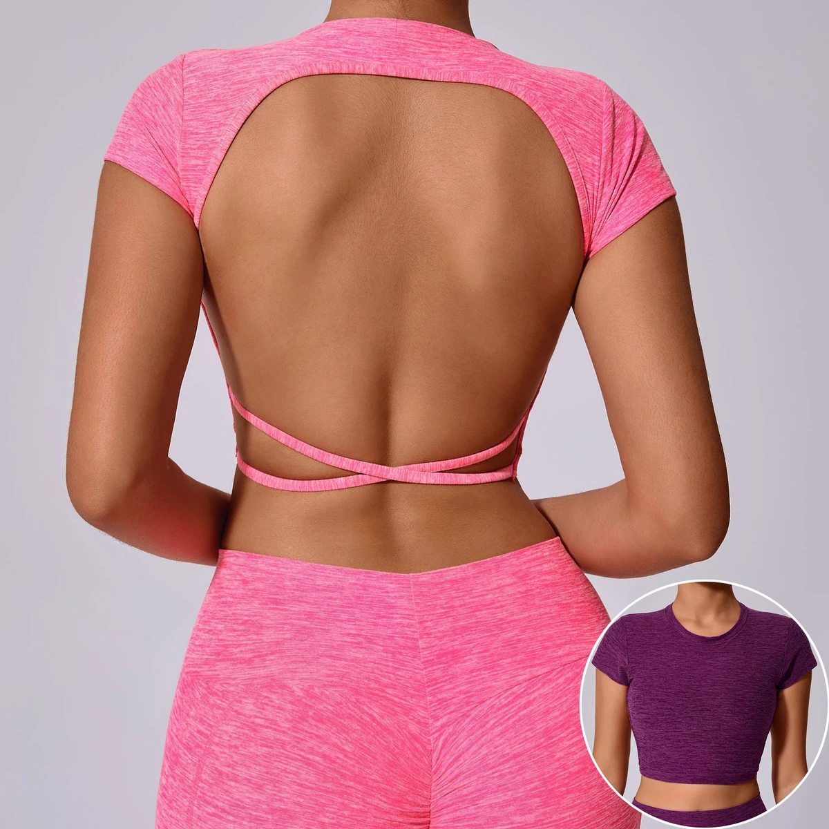 New Design Big Backless Sports Short Sleeve Removable Bra Pads Cross Back Top Wearable Fitness Yoga Short Sleeve Female