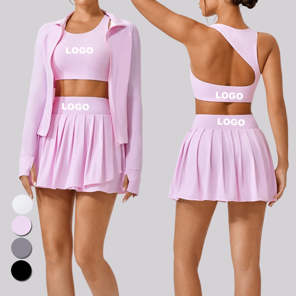 OEM Girls' Breathable Quick-Dry Exercise Set UPF50+ Zipper Long Sleeves Skirt Sports Bra 3pcs Yoga Workout Front/Waist Logo