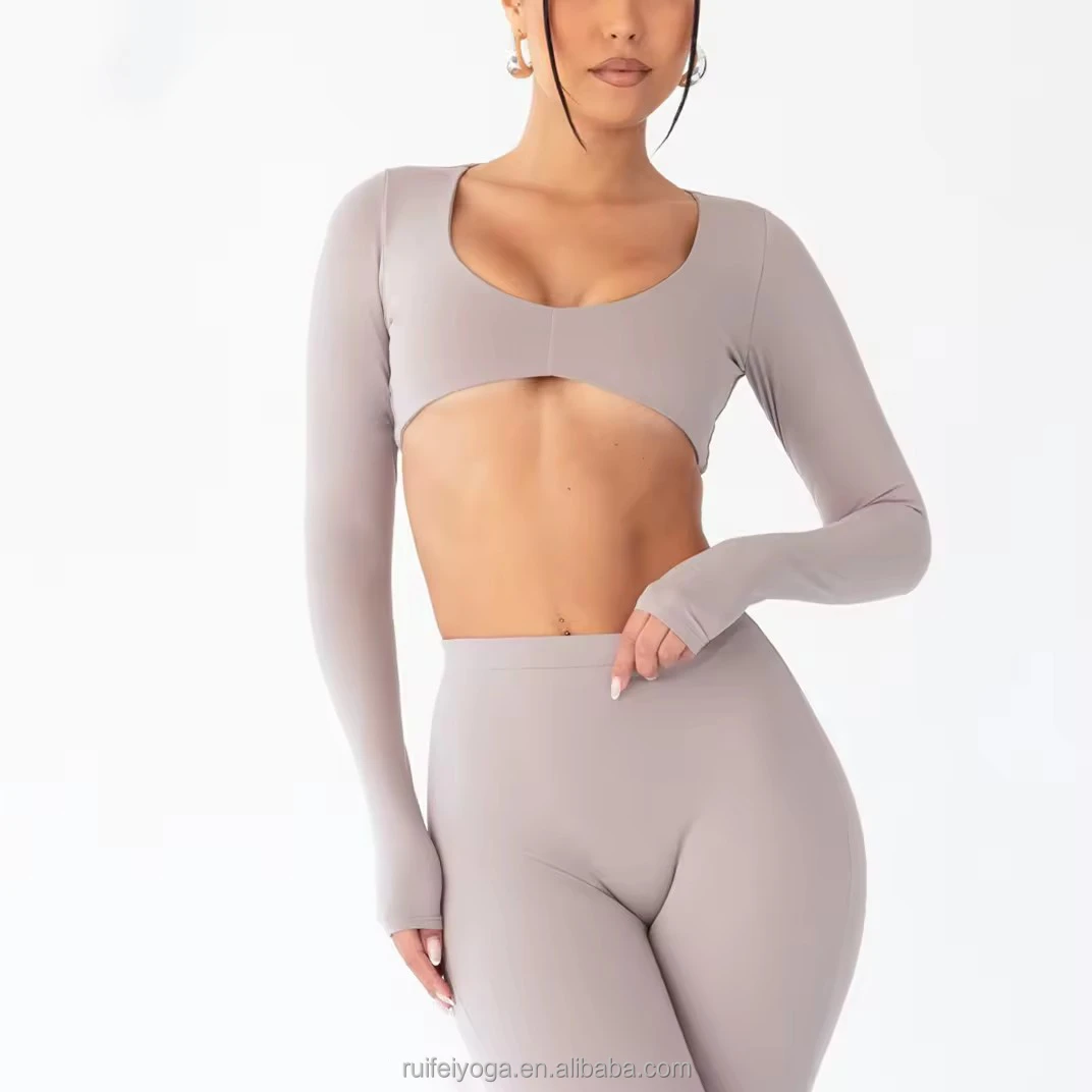 Custom Logo Slim Fit Deep U Activewear Training Fitness Workout Running Sports Compression Gym Long Sleeve Yoga Crop Top Women