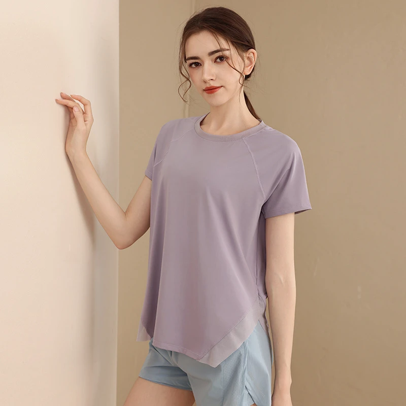 Women's Spring Summer Sports Quick-Drying Top Breathable Mesh Stitching Loose Neck Short-Sleeved Yoga