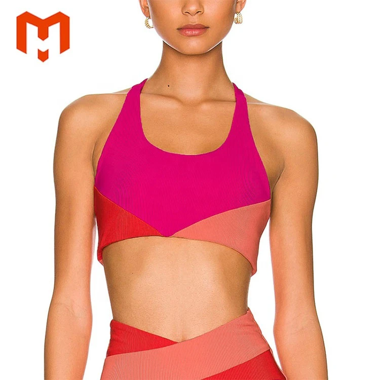 OEM Medium Support Sweat Wicking Cross Back Ribbed Fabric Womens Patchwork Yoga Bra Colorful Fitness Workout Bra