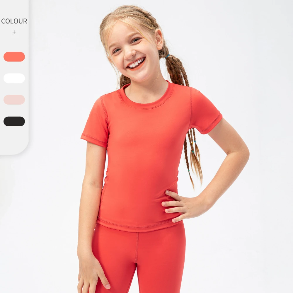 2025 Sports Running Short Sleeve T-shirt Round Neck Gym Fitness Crop Top Kids Children Girls Yoga T-Shirt