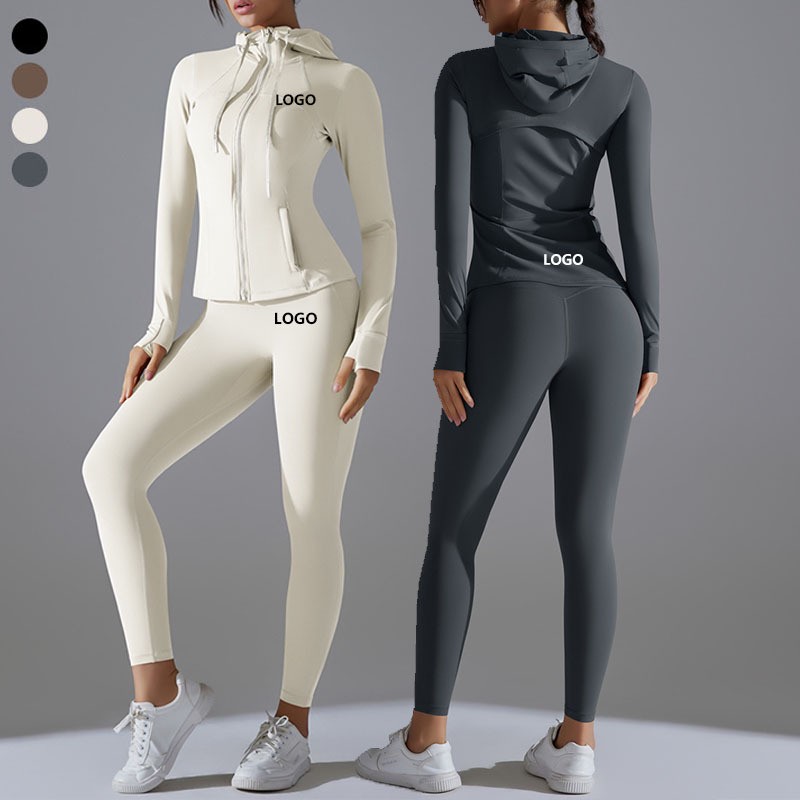 High Waist Fitness Hooded Sports Jacket Pocket Yoga Leggings Push up Gym Workout Two Piece Set Women Clothing