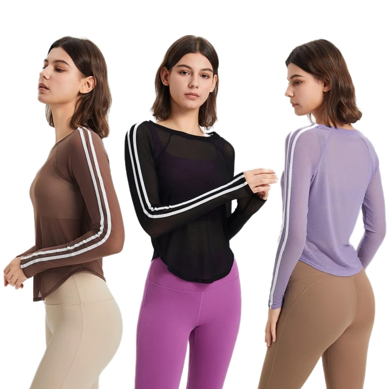 Aoyema Breathable Quick Dry Gym Fitness Running Tshirt Sports Tops Long Sleeve Mesh Lightweight Yoga T-Shirt Blouse for Women