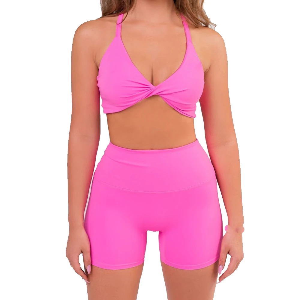 Pink Women's Sports Bra High Rise Shorts Gym Set Breathable Yoga Bra 4 Inch Inseam Elastic Waist for Fitness Running Running