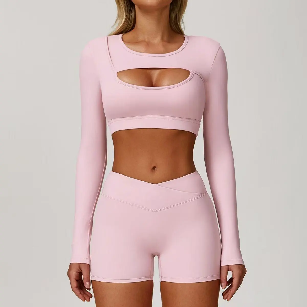 High-Waisted Reversible Plus Size V-Shaped Hip-Lift Solid Breathable Lightweight Yoga Shorts 2-Piece Set Backless Design Front