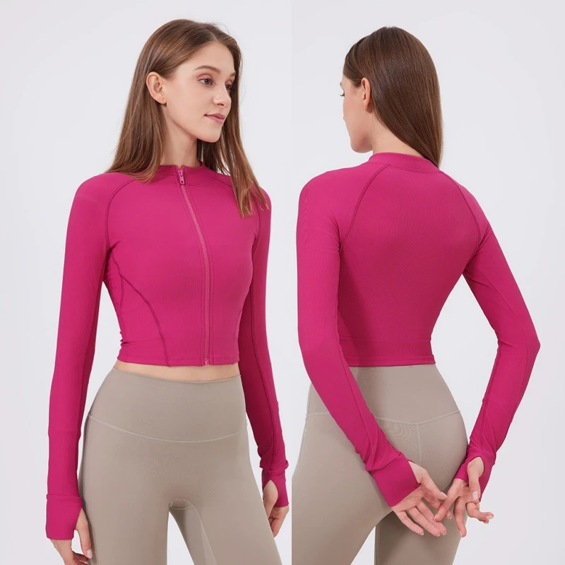 Aoyema Womens Slim Fit Stand CollarShaping Sports Running Thumb Hole Fitness Tops Zipper Soft Long Sleeve Workout Yoga Jacket