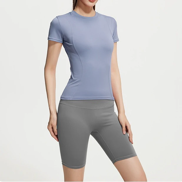 Summer Yoga Short-sleeved Top Women's Solid Thin Quick-drying Breathable Elastic Waist High-waisted Sports Running Fitness Suit