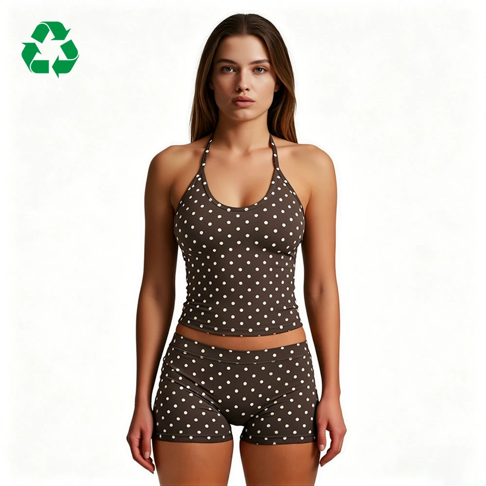Custom Eco-Friendly Recycled Dotty Print Halter Neck Sports Gym Tank Crop Top Removable Padding Fitness Yoga Shorts Leggings Set