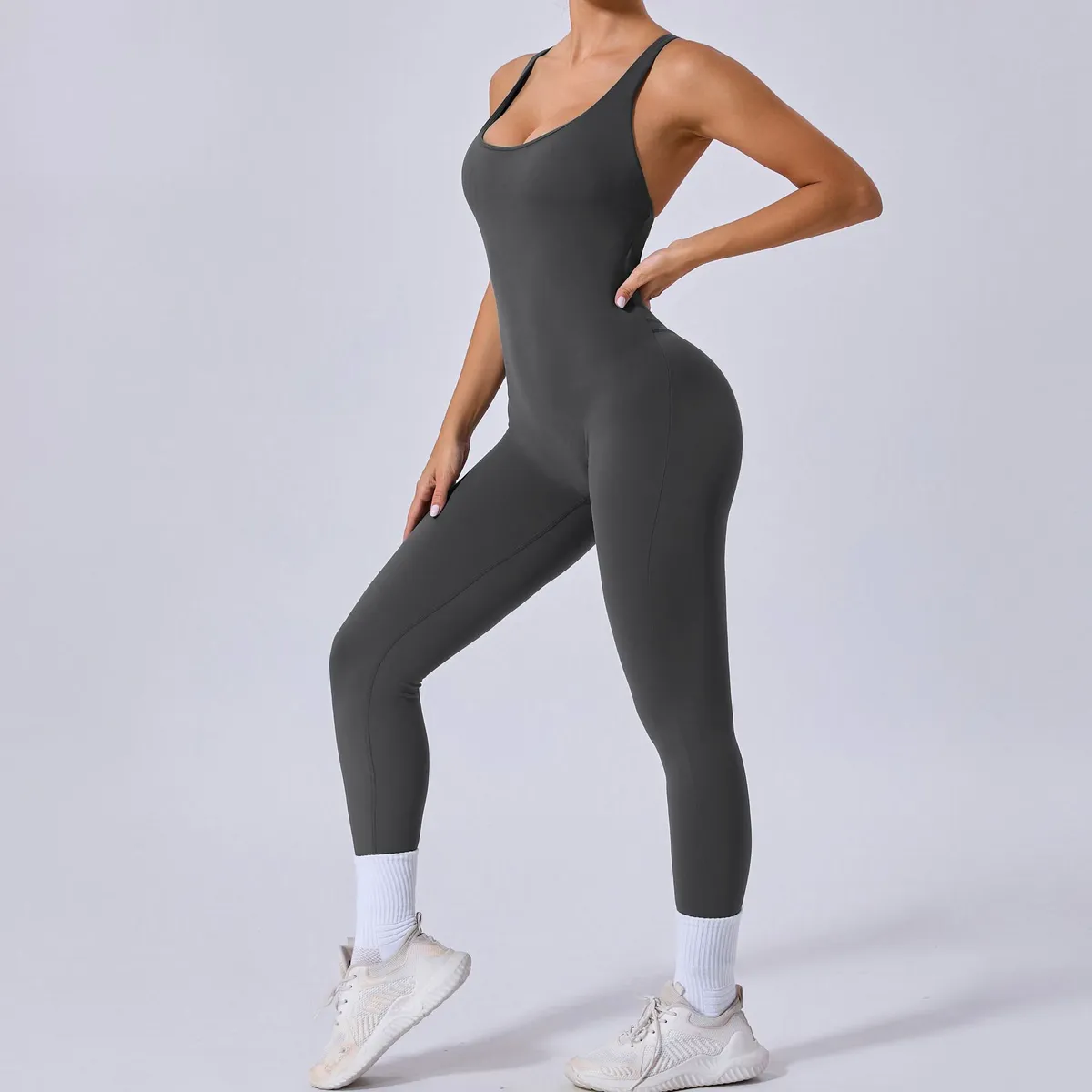 Autumn Sand Cross Back Sports Yoga Jumpsuit 90107 One-Piece Solid Breathable Adjustable Straps Front Logo Elastic Waist