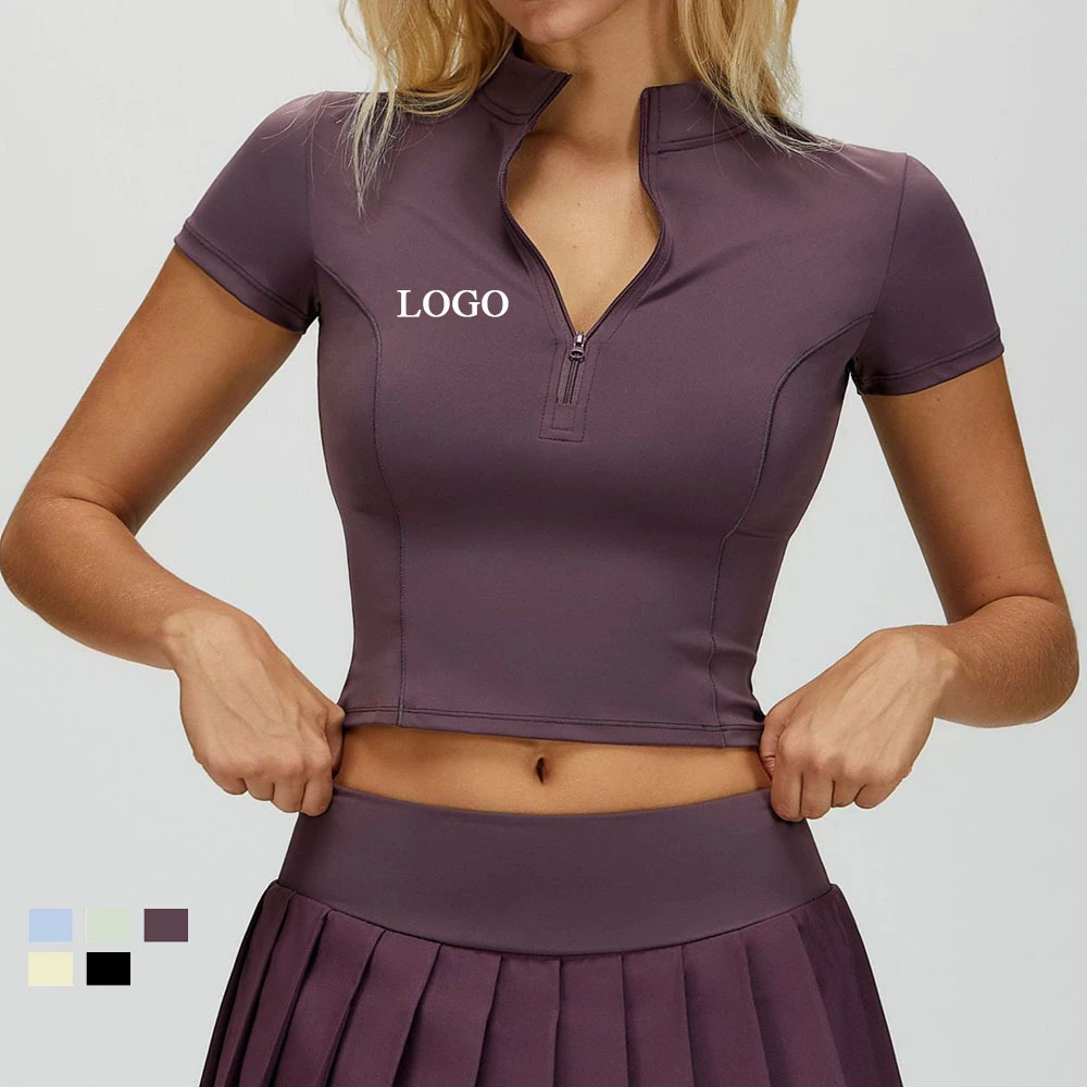 Custom High Stretchy Short Sleeve Gym Tshirts Active Tops Half Zip Slim Fit Breathable Running Sports Yoga Crop Tee Shirts