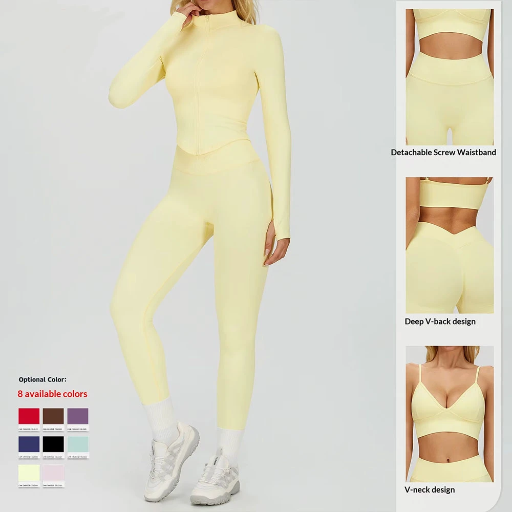 Seamless Tight Solid Yoga Set Breathable Waist Slimming Quick-drying Fitness Suit Outdoor Running Three-piece