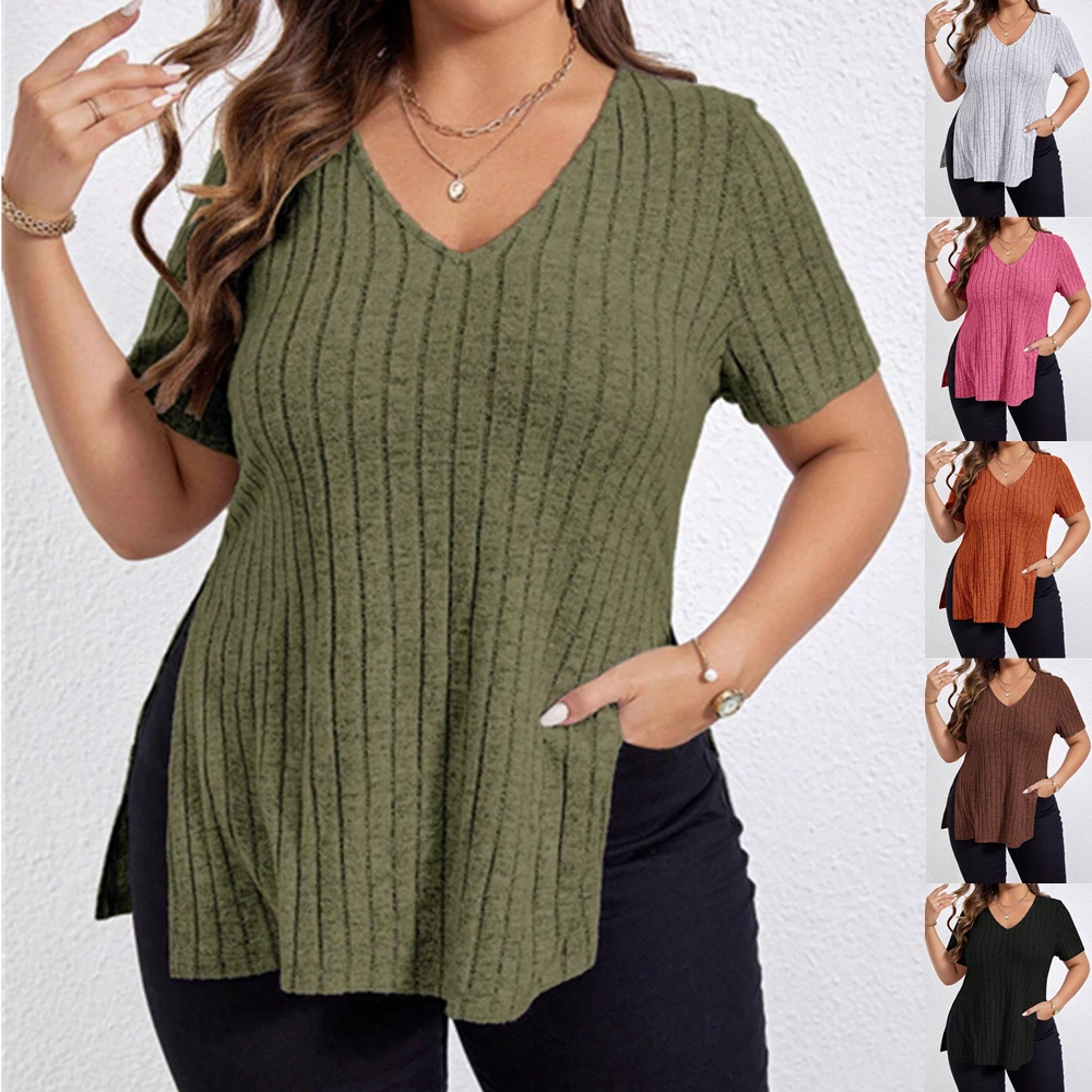 Spring/Summer Solid Color Plus-Size Women's V-Neck Short-Sleeve Slit Ribbed Polyester Spandex Brushed t Shirt for Women Ladies