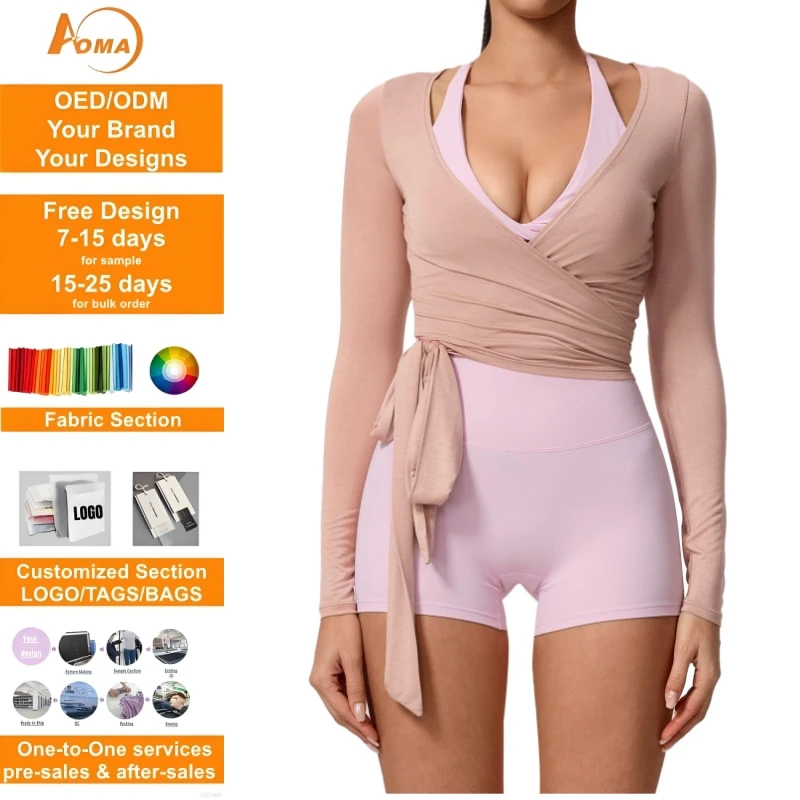 Aoyema Sportswear Womens Clothing Leisurewear Gym Fitness Slim Fit Tops Long Sleeve Buttery Waist Wrap Pilates Clothes
