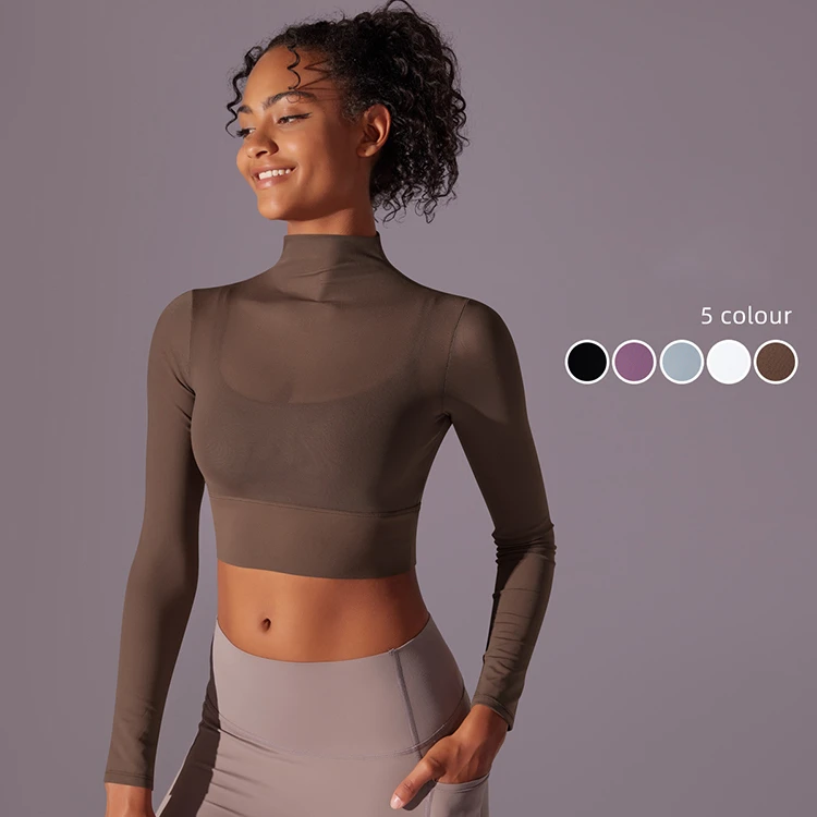 Sexy Mesh Gauze Yoga Wear Long Sleeves Chest Pad Running Quick Dry High Impact Workout Tops Shockproof Athletic Stretchy